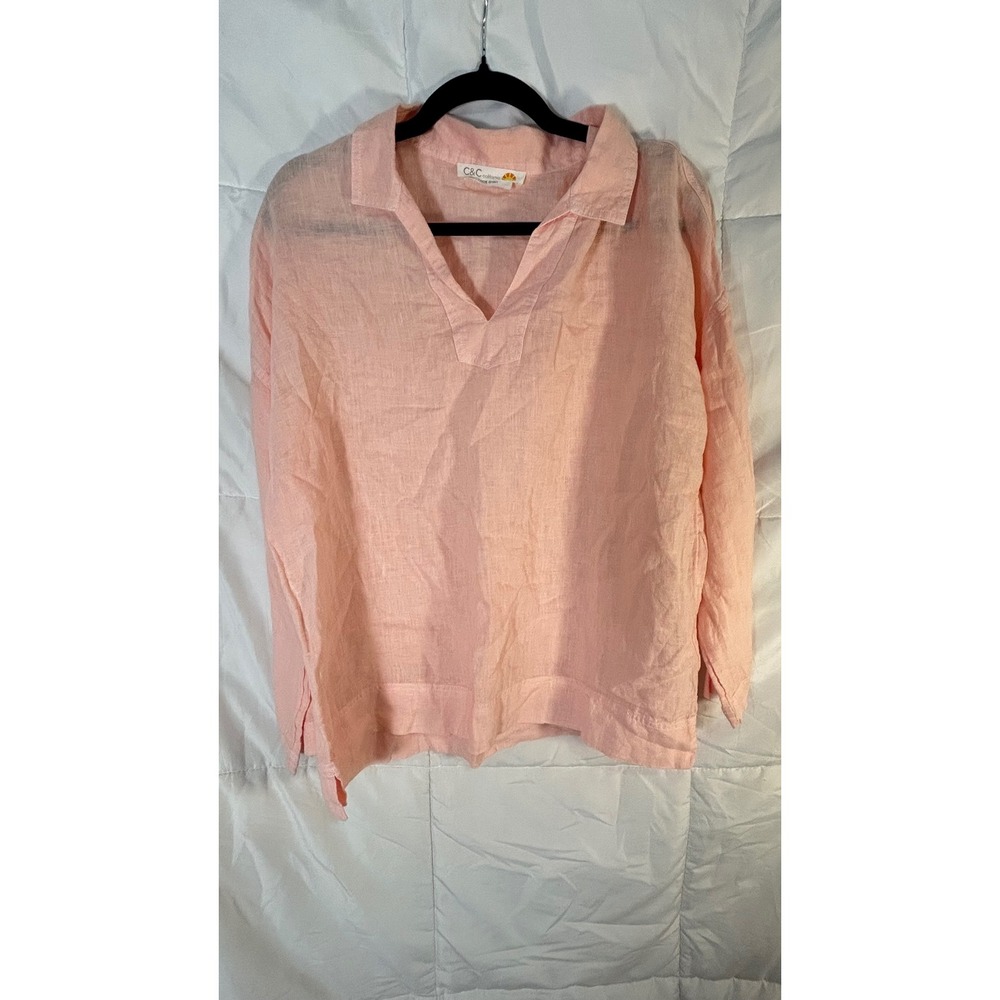 C&C California Pink Linen Top Medium Cottage Coastal Grandmother‎ Old Money